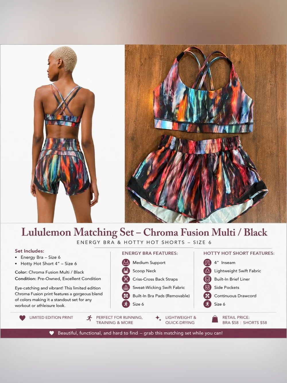 Lululemon Chroma Fusion Multi / Black Matching Set – Size 6